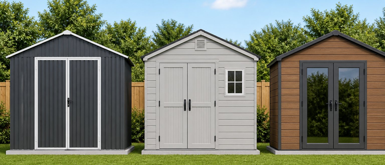 Three garden sheds in steel, resin and WPC