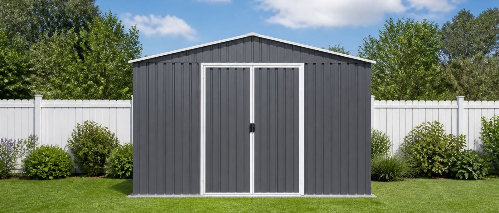 Galvanized steel garden shed in a backyard