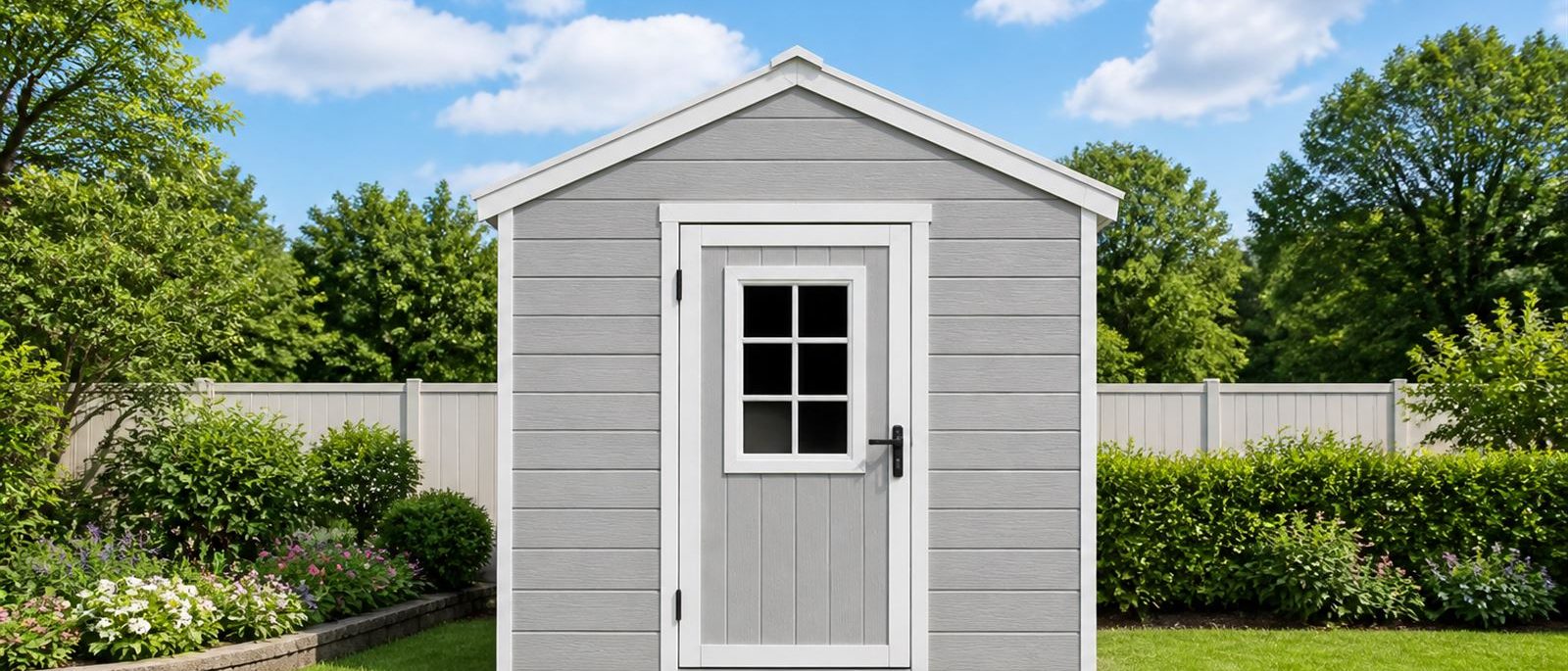 Resin garden shed in a sunny yard