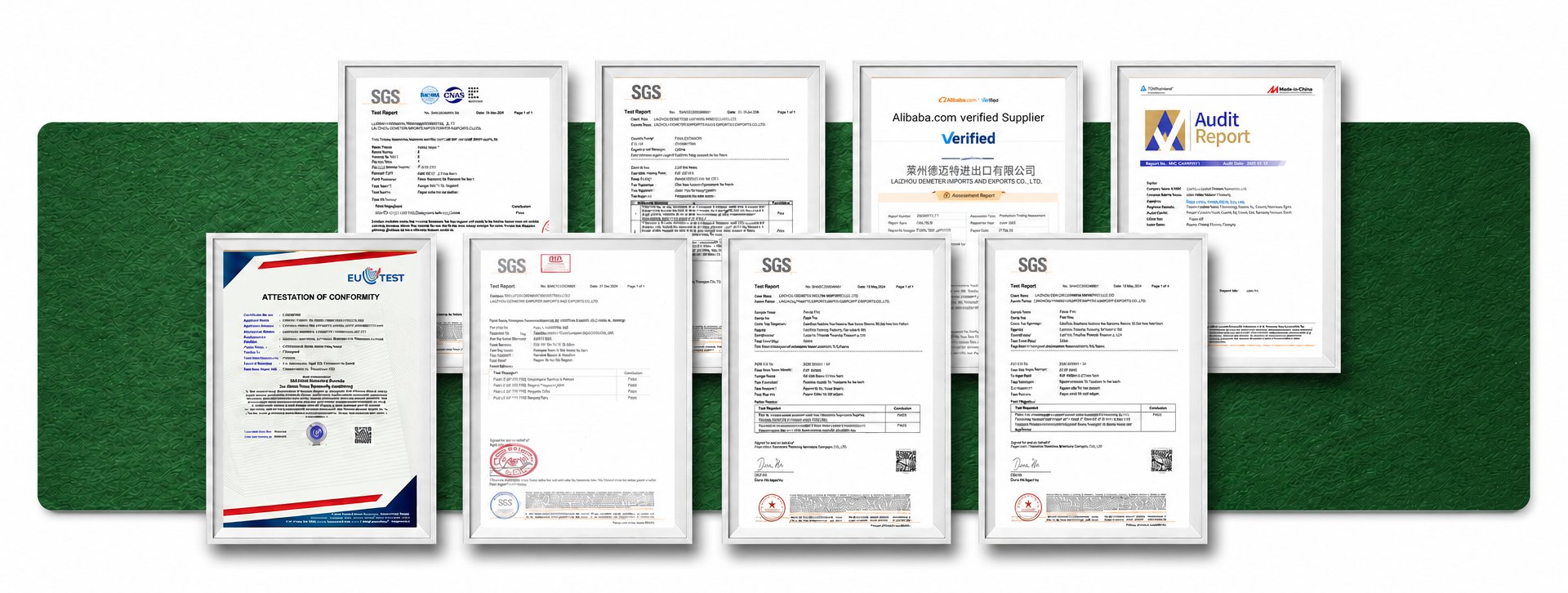SGS test reports, Alibaba.com Verified Supplier with TUV Rheinland, Made-in-China audit report and EU attestation of conformity