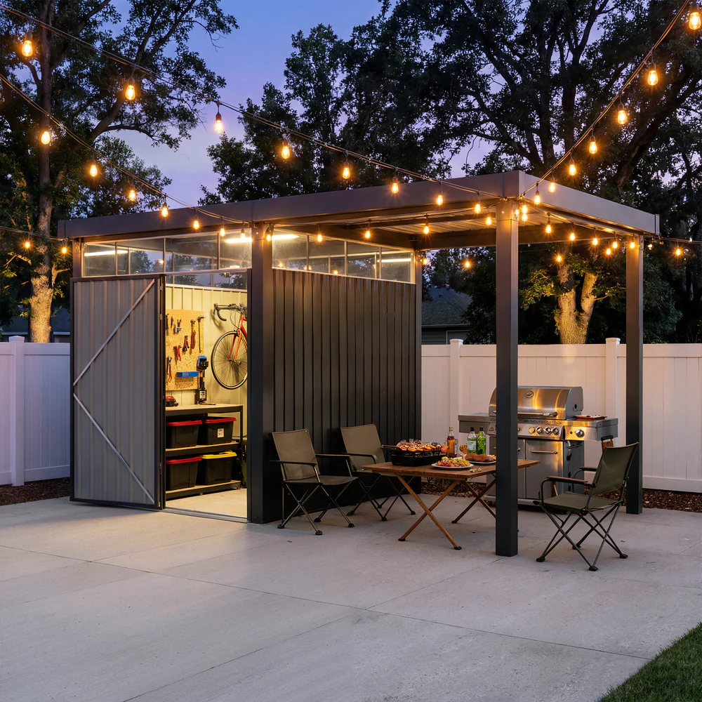 Canopy shed with open pergola at dusk