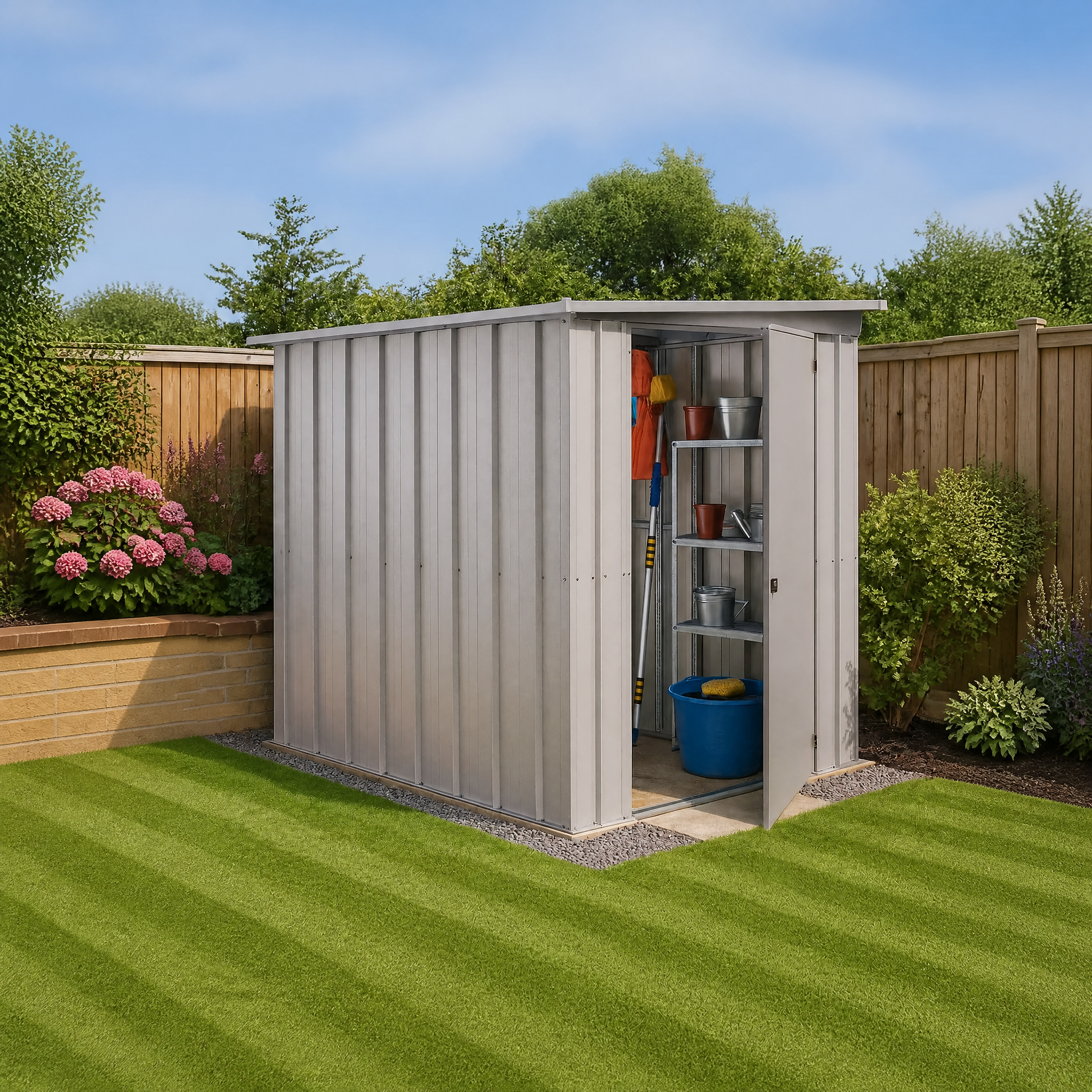 Compact metal shed with open door