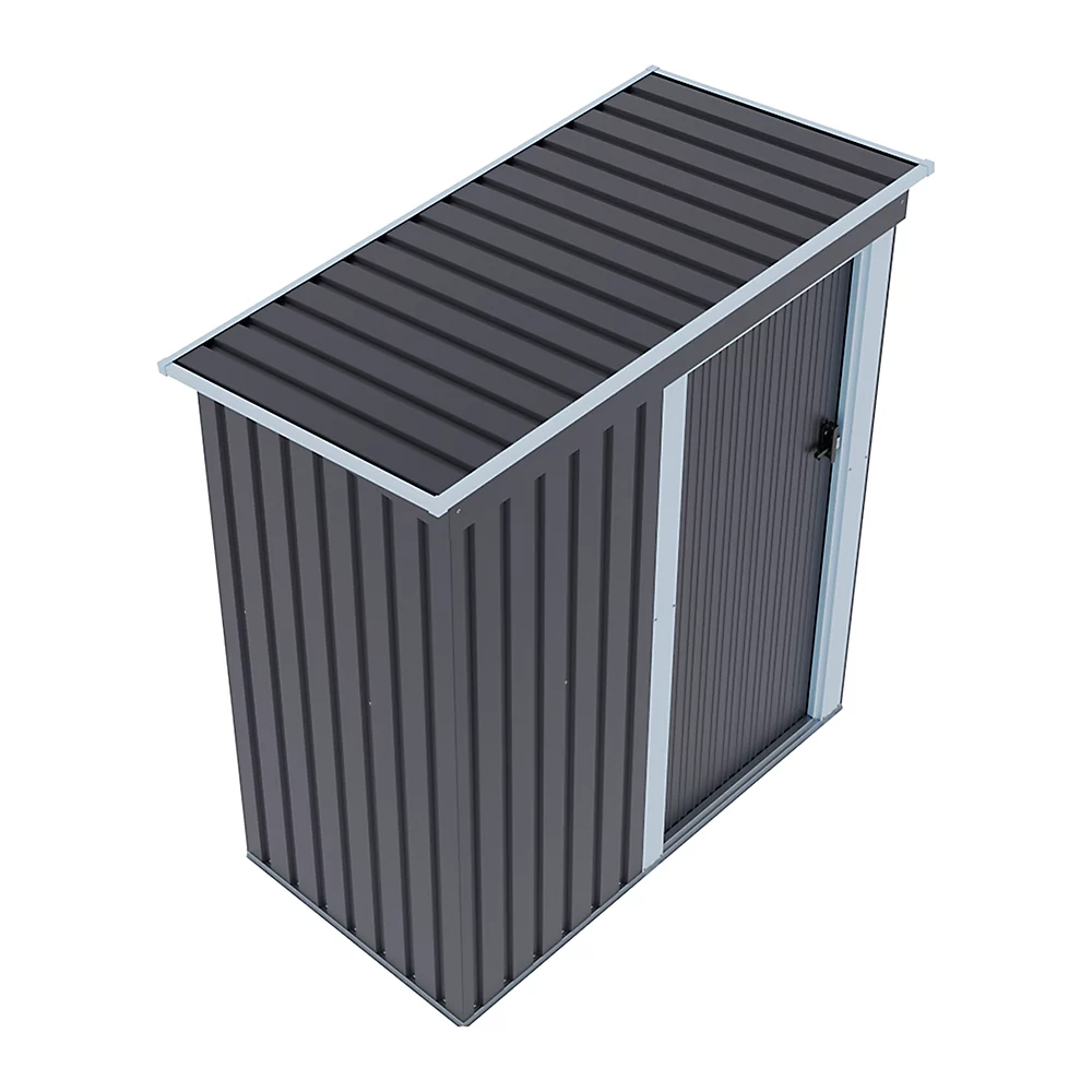Pent roof single door metal shed angle view