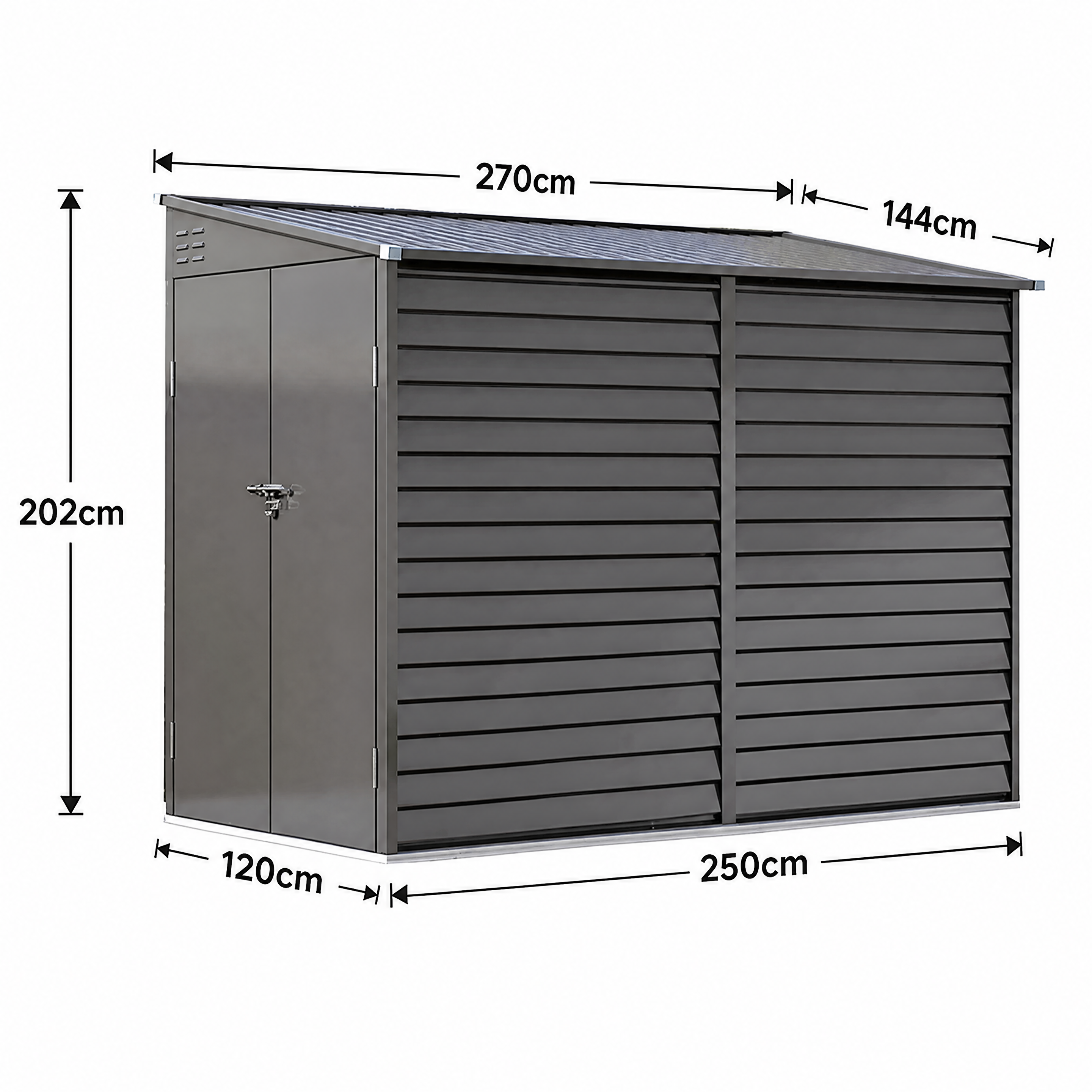 Louvered metal shed with ventilated panels
