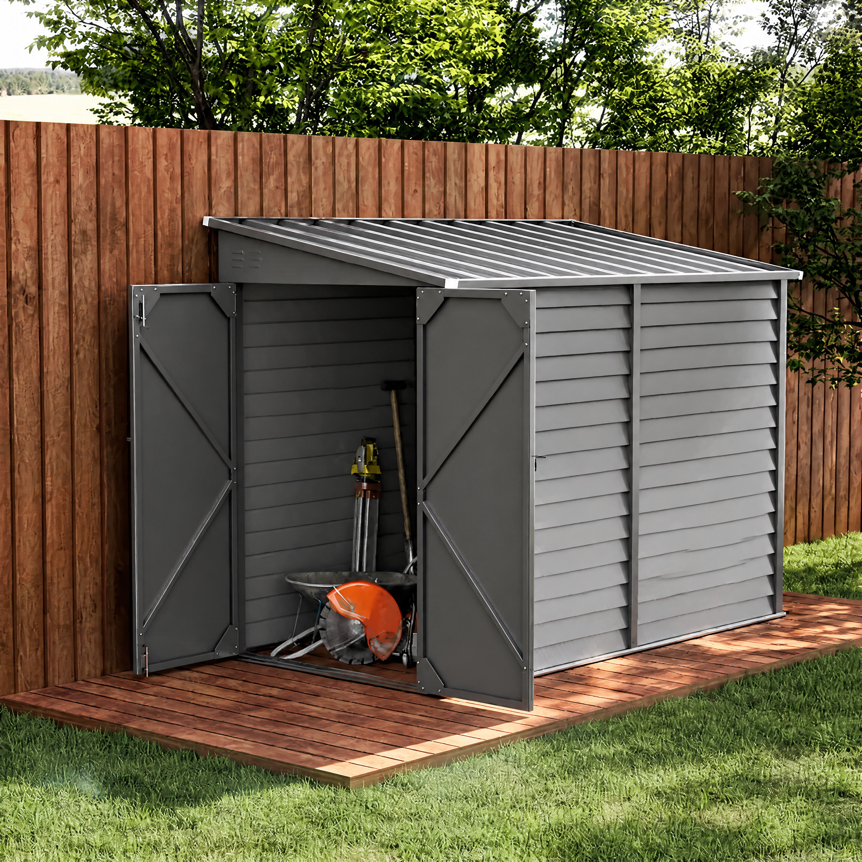Louvered metal shed front