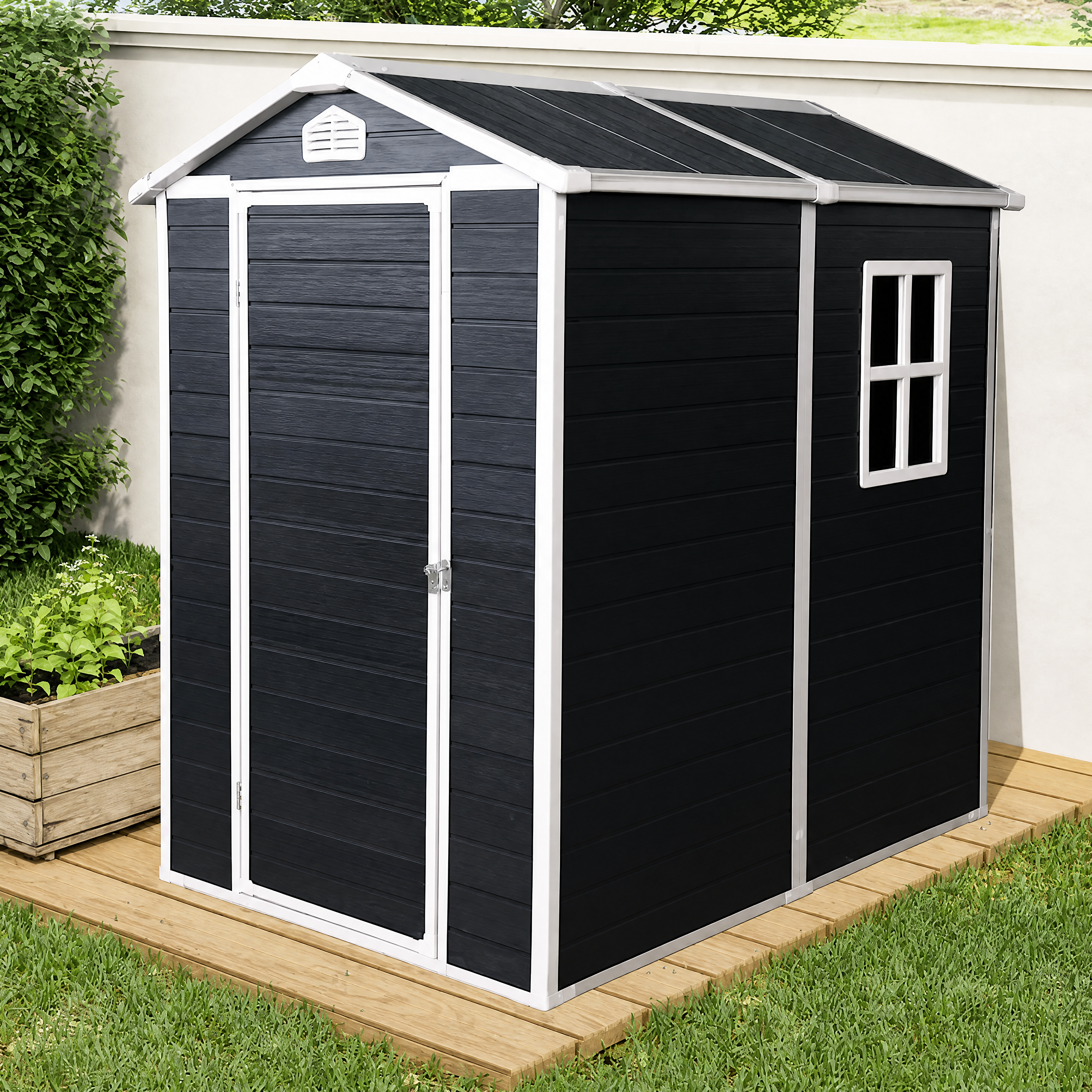 Apex roof single door resin shed front