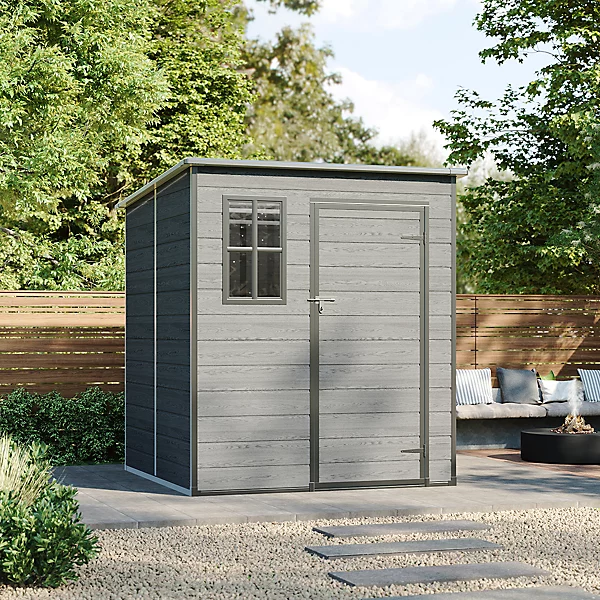 Pent roof single door resin shed front