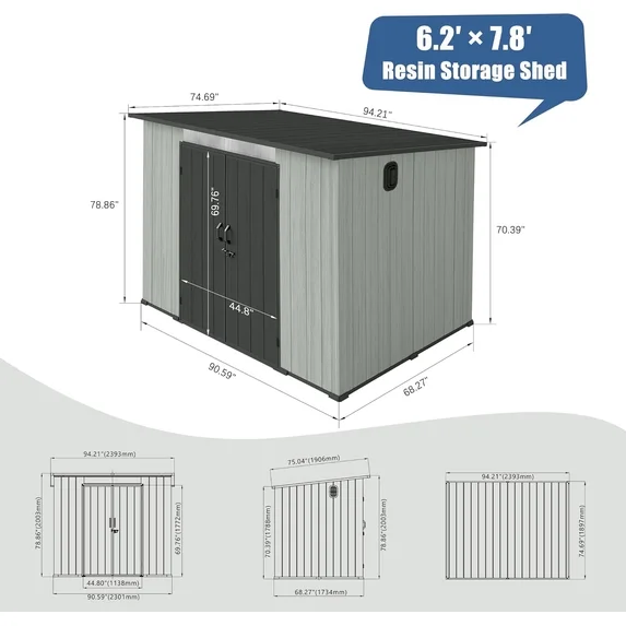 Resin storage shed with size dimensions